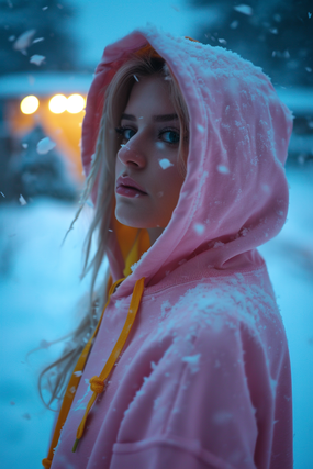 冬季下雪天粉色戴帽卫衣美女图片